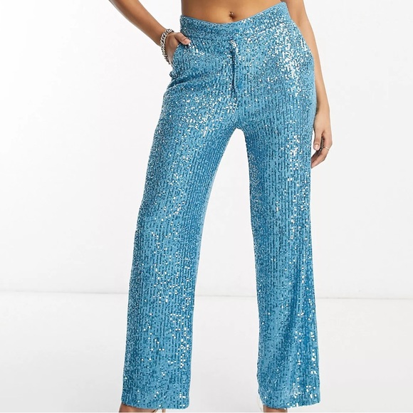 • ASOS DESIGN • Hourglass straight sequin ankle grazer pants in turquoise - Picture 6 of 7